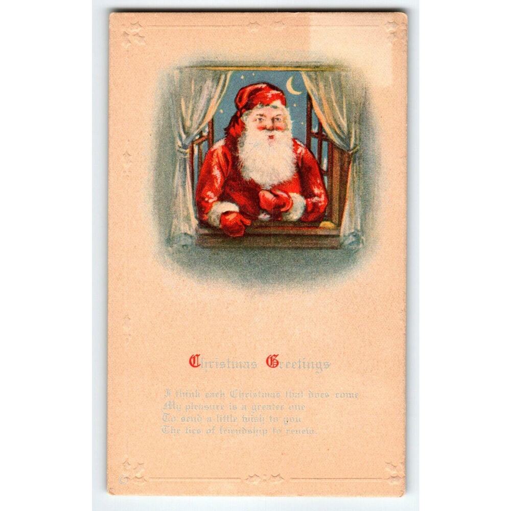 Santa Claus Christmas Postcard Saint Nick Outside Window Crescent Moon And Stars